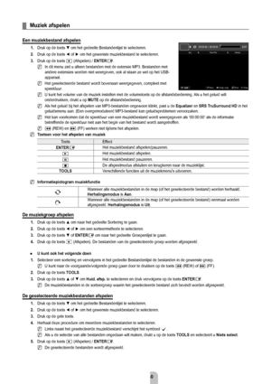 Page 42Nederlands - 40
muziek afspelen
een muziekbestand afspelen
1. Druk op de toets ▼ om het gedeelte Bestandenlijst te selecteren.
2.  Druk op de toets ◄ of ► om het gewenste muziekbestand te selecteren.
3.   Druk op de toets 
∂ (Afspelen) / eNTerE.
In dit menu ziet u alleen bestanden met de extensie MP3. Bestanden met 
andere extensies worden niet weergeven, ook al staan ze wel op het USB-
apparaat.
Het geselecteerde bestand wordt bovenaan weergegeven, compleet met 
speelduur.
U kunt het volume van de...