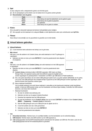 Page 54Nederlands - 52
Spel
In deze categorie vindt u ontspannende games voor het hele gezin.Zie de aanwijzingen op het scherm voor de toetsen die in de games worden\
 gebruikt.
kleurentoetsen voor de games
Toets effect
rood Druk hierop om naar het startscherm van de game te gaan.
groen Druk hierop om de game te pauzeren.
geel De optietoets.
blauw Druk hierop om de game te verlaten.
kindvr.
Dit is educatief en interactief materiaal dat kinderen herhaaldelijk kun\
nen bekijken. 
Het copyright van het materiaal...