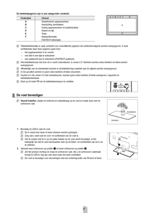 Page 69Nederlands - 6
De	teletekstpagina’s	zijn	in	zes	categorieën	verdeeld:
Onderdeelinhoud
a Geselecteerd paginanummer.
b Aanduiding zendstation.
C Huidig paginanummer of zoekindicaties.
D Datum en tijd.
e Tekst.
F Statusinformatie.
FASTEXT-informatie.
Teletekstinformatie is vaak verdeeld over verschillende pagina’s die achtereenvolgens worden weergegeven. U kunt 
rechtstreeks naar deze pagina’s gaan door: het paginanummer in te voeren
een titel in een lijst te selecteren
een gekleurde kop te selecteren...