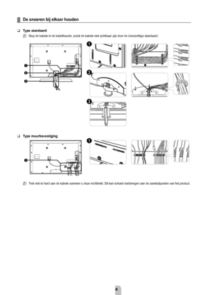 Page 71Nederlands - 6
De snoeren bij elkaar houden
Type standaard
Stop de kabels in de kabelhouder, zodat de kabels niet zichtbaar zijn door de doorzichtige standaard.
Type muurbevestiging
Trek niet te hard aan de kabels wanneer u deze rechttrekt. Dit kan schade\
 toebrengen aan de aansluitpunten van het product.
¦
❑
N
❑
N
1
3
2
1
3 2
1
1
BN68-02329A-03Dut.indb   692009-08-24   ¿ÀÈÄ 1:15:39 