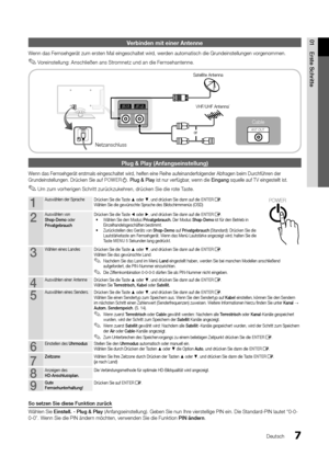 Page 77
01 E\bste	 Sch\bitte
Deutsch
Verbin\ben mit einer \hAntenne
Wenn das Fernsehgerät zum erst\yen Mal eingeschalt\yet wird, werden automatisch die\y Grundeinstellungen\y vorgenommen\b
 ✎Voreinstellung: Anschließen ans Stromnetz und an die Fernsehantenne\b 
Plug & Play (Anfangs\heinstellung)
Wenn das Fernsehgerät erstmals\y eingeschaltet wir\yd, hel\fen eine Reih\ye au\feinander\folgend\yer Ab\fragen beim Du\yrch\führen der 
Grundeinstellungen\b\y Drücken Sie au\f POWERP\b Plug
	 & 	 Play ist nur...