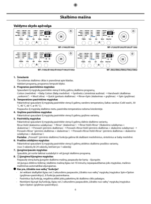 Page 34
6
Skalbimo mašina
Valdymo skydo apžvalga
1.  ŠvieslentėČia rodomas skalbimo ciklas ir pranešimai apie klaidas.
Vykdant programą, programos lemputė blyksi.
2.  Programos pasirinkimo mygtukas Spausdami šį mygtuką pasirinkite vieną iš šešių galimų skalbimo programų.
Cotton (medvilnė) 
➝ Baby Cotton (Baby medvilnė) ➝ Synthetics (sintetiniai audiniai) ➝ Handwash (skalbimas 
„rankomis“) ➝ Wool (vilna) ➝ Quick (greitasis skalbimas) ➝ Rinse+Spin (skalavimas + gręžimas) ➝ Spin (gręžimas)
3.  Temperatūros...