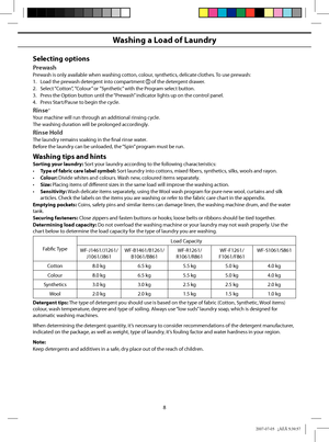 Page 8
8
Washing a Load of Laundry
Selecting options
Prewash
Prewash is only available when washing cotton, colour, synthetics, delicate clothes. To use prewash:
1.  Load the prewash detergent into compartment 
 of the detergent drawer.
2.  Select “Cotton”, ”Colour” or ”Synthetic” with the Program select button.
3.  Press the Option button until the “Prewash” indicator lights up on the control panel.
4.  Press Start/Pause to begin the cycle.
Rinse+
Your machine will run through an additional rinsing cycle.
The...
