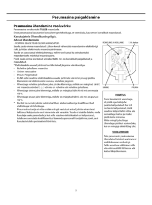 Page 19
5
Pesumasina paigaldamine
Pesumasina ühendamine vooluvõrku
Pesumasina senakontakt TULEB maandada.
Enne pesumasina kasutamist konsulteerige elektrikuga, et veenduda, kas see on korralikult maandatud.
Kasutajatele Ühendkuningriigis.
Juhised ühendamiseks
- HOIATUS: SEADE PEAB OLEMA MAANDATUD.
Seade peab olema maandatud. Lühise korral vähendab maandamine elektrilöögi 
riski, juhtides elektrivoolu maandusjuhtmesse.
Toode on varustatud elektrijuhtmega, millele on lisatud ka seinakontakti 
maandamiseks mõeldud...