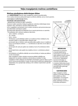 Page 47
5
Veļas mazgājamās mašīnas uzstādīšana
Mašīnas pieslēgšana elektriskajam tīklam
Jums NEPIECIEŠAMS sazemēt veļas mazgājamās mašīnas spraudkontaktu.
Pirms mašīnas lietošanas pārbaudiet kopā ar sertiﬁcētu elektriķi, vai tas ir droši sazemēts.
Lietotājiem Lielbritānijā (U.K.).
lnstrukcijas vadu pievienošanai
- BRĪDINĀJUMS! ŠAI IERĪCEI IR JĀBŪT SAZEMĒTAI.
Šai ierīcei ir jābūt sazemētai. Īsslēguma gadījumā, nodrošinot elektriskajai strāvai 
noplūdes vadu, sazemējums samazina elektrošoka risku.
Ierīce ir...