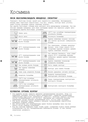 Page 11636_ Қосымша
Қосымша
КИІМ ЖАПСЫРМАСЫНДАҒЫ МәНДЕРДІ СИПАТТАУ
Төмендегі белгілер киімді қалай күту керектігін анықтайды. Жапсырмадағы 
мәндер мына тәртіппен көрсетіледі: кір жуу, ағарту, кептіру және үтіктеу, 
қажет болған жағдайда құрғақ химиялық тазалау.
Бұл шартты белгілерді отандық және шетелдік киім шығарушылар қолданады. Кір жуу 
кезінде қиындық туындамау үшін және заттардың қызмет ету мерзімін ұзарту үшін 
жапсырмадағы шартты белгілерді ұстаныңыз.
Тығыз мата100°С-тан аспайтын температурада 
үтіктеуге...