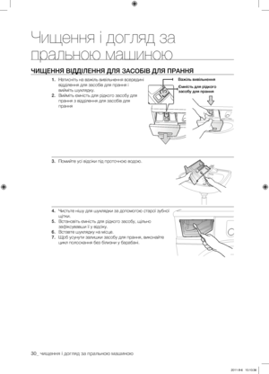 Page 7030_ чищення і догляд за пральною машиною
ЧИЩЕННя ВІДДІлЕННя Для ЗАСОБІВ Для ПРАННя 
1. Натисніть на важіль вивільнення всередині 
відділення для засобів для прання і 
вийміть шухлядку.
2.  Вийміть ємність для рідкого засобу для 
прання з відділення для засобів для 
прання
3.  Помийте усі відсіки під проточною водою.
4.  Чистьте нішу для шухлядки за допомогою старої зубної 
щітки.
5.  Встановіть ємність для рідкого засобу, щільно 
зафіксувавши її у відсіку.
6.  Вставте шухлядку на місце.
7.  Щоб усунути...