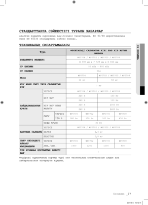 Page 117Қосымша _37
06 ҚОСЫМША
СТАНДАРТТАРҒА СәЙКЕСТІГІ ТУРАЛЫ хАБАРЛАУ
Аталған құрылғы еуропаның қауіпсіздік талаптарына, ЕС 93/68 директивасына 
және EN 60335 стандартына сәйкес келеді.
ТЕхНИКАЛЫҚ СИПАТТАМАЛАРЫ
Түрі  ФРОНТАЛЬДІ САЛЫНАТЫН КІРІ БАР КІР ЖУҒЫШ 
МАШИНА
ГАБАРИТТІ МӨЛШЕРІ
WF0704 / WF0702 / WF0700 / WF0708 Ш 598 мм х Г 529 мм х В 846 мм 
СУ ҚЫСЫМЫ50 кПа – 800 кПа
СУ КӨЛЕМІ56л
MCCAWF0704 WF0702 / WF0700 / WF0708
61 кг 58 кг
ЖУУ ЖәНЕ СЫҒУ үШІН САЛЫНАТЫН 
КІР7 кг
ПАЙДАЛАНЫЛАТЫН 
ҚУАТЫҮЛГІСІ
WF0704 /...