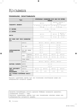 Page 11838_ Қосымша
Қосымша
ТЕхНИКАЛЫҚ СИПАТТАМАЛАРЫ
Түрі ФРОНТАЛЬДІ САЛЫНАТЫН КІРІ БАР КІР ЖУҒЫШ 
МАШИНА
ГАБАРИТТІ МӨЛШЕРІ
WF0604 WF0602 / WF0600 / 
WF0608
Ш 598 мм х Г 529 мм х В  846 мм  Ш 598 мм х Г 474 мм х 
В 846 мм
СУ ҚЫСЫМЫ50 кПа – 800 кПа
СУ КӨЛЕМІ48л
МАССАWF0604 WF0602WF0600 / 
WF0608
58 кг 56 кг54 кг
ЖУУ ЖәНЕ СЫҒУ үШІН САЛЫНАТЫН 
КІР6 кг
ПАЙДАЛАНЫЛАТЫН 
ҚУАТЫ ҮЛГІСІ
WF0604 / WF0602 / WF0600 / WF0608
КІР ЖУУ220 В
150 Вт
240 В 150 Вт
КІР ЖУУ ЖӘНЕ 
ЖЫЛЫТУ220 В2000 Вт
240 В 2400 Вт
СЫҒУҮЛГІСІWF0604
WF0602...