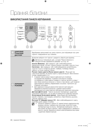 Page 6222_ прання білизни
ВИКОРИСТАННя ПАНЕлІ КЕРУВАННя
ЦИФРОВИй 
ГРАФІЧНИй 
ДИСПлЕйВідображає залишковий час циклу прання, усю інформацію про цикл 
прання і повідомлення про помилки.
ПЕРЕМИКАЧ 
РЕжИМІВ Дозволяє вибрати тип прання і швидкість обертів для віджиму.
Детальнішу інформацію див. у розділі “Прання білизни із 
використанням перемикача режимів” на стор. 25.
Хлопок (Бавовна) - Для середньо- або слабозабруднених 
бавовняних речей, постелі, спідньої білизни, рушників, сорочок тощо.
Синтетика - Для...