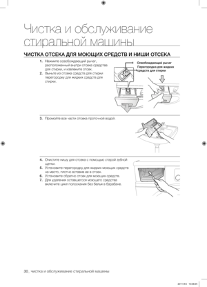 Page 3030_ чистка и обслуживание стиральной машины
ЧИСТКА ОТСЕКА ДЛЯ МОЮЩИХ СРЕДСТВ И НИШИ ОТСЕКА
1. Нажмите освобождающий рычаг, 
расположенный внутри отсека средства 
для стирки, и извлеките отсек.
2.  Выньте из отсека средств для стирки 
перегородку для жидких средств для 
стирки.
3.  Промойте все части отсека проточной водой.
4.  Очистите нишу для отсека с помощью старой зубной 
щетки.
5.  Установите перегородку для жидких моющих средств 
на место, плотно вставив ее в отсек.
6.  Установите обратно отсек для...