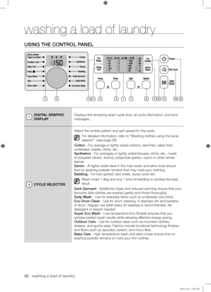 Page 2222_ washing a load of laundry 
USING	THE	CONTROL	PANEL
DIGITAL GRAPHIC 
DISPLAY
Displays the remaining wash cycle time, all cycle information, and error 
messages.
CYCLE SELECTOR
Select the tumble pattern and spin speed for the cycle.
For detailed information, refer to “Washing clothes using the cycle 
selector”. (see page 28)
Cotton - For average or lightly soiled cottons, bed linen, table linen, 
underwear, towels, shirts, etc.
Synthetics - For averagely or lightly soiled blouses, shirts, etc., made...