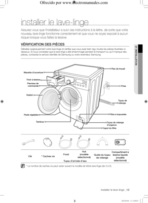 Page 13installer le lave-linge _13
01	INStALLAtIoN
installer le lave-linge
Assurez-vous que l'installateur a suivi ces instructions à la lettre,\
 de sorte que votre 
nouveau lave-linge fonctionne correctement et que vous ne soyez exposé\
 à aucun 
risque lorsque vous faites la lessive.
VéRIfICA tIoN	dES	PIèCES
Déballez soigneusement votre lave-linge et vérifiez que vous avez bien reçu toutes les pièces illustrées ci-
dessous. Si vous constatez que le lave-linge a été endommagé pe\
ndant le transport ou...