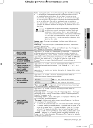 Page 23effectuer un lavage _23
02	EffECtuER	uN	LAVAGE
Laine - Lainages lavables en machine. La charge doit être inférieure à 2 kg.
•	Le programme Laine permet de laver votre linge tout en douceur 
en faisant effectuer au tambour de très légers mouvements de 
bercements. Ces légers mouvements de va-et-vient et le trempage 
se font en continu afin d’éviter que les fibres de laine ne se froissent 
ou ne se déforment. Cet arrêt ne représente pas un problème.
•	Une lessive neutre est recommandée pour le programme...