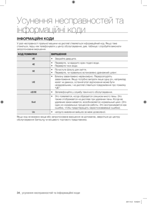 Page 74
34_ усунення несправностей та інформаційні коди

ІНФОРМАЦІЙНІ КОДИ
У разі несправності пральної машини на дисплеї з’являється інформаційний код. Якщо таке 
станеться, перш ніж телефонувати у центр обслуговування, див. таблицю і спробуйте виконати 
запропоноване вирішення.
КОД ПОМИЛКИВИРІШЕННЯ
dE• Закрийте дверцята.
4E• Перевірте, чи відкрито кран подачі води.
• Перевірте тиск води.
5E• Почистьте фільтр для сміття.
• Перевірте, чи правильно встановлено дренажний шланг.
UE
• Білизну завантажено...