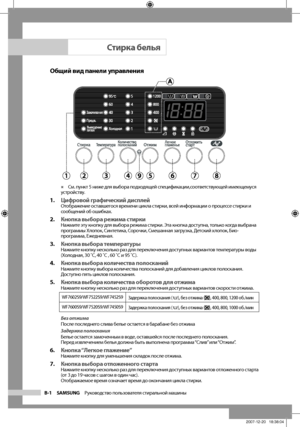 Page 10
B-1 SAMSUNG   Руководство пользователя стиральной машины

Общий вид панели управления
  См. пункт 5 ниже для выбора подходящей спецификации,соответствующей имеющемуся 
устройству.
1. Цифровой графический дисплейОтображение оставшегося времени цикла стирки, всей информации о процессе стирки и 
сообщений об ошибках.
2. Кнопка выбора режима стиркиНажмите эту кнопку для выбора режима стирки. Эта кнопка доступна, только когда выбрана 
программы Хлопок, Синтетика, Сорочки, Смешанная загрузка, Детский хлопок,...