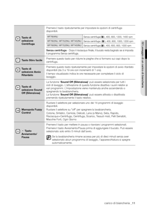 Page 11
Lavaggio di un carico di biancheria _11

Tasto di 
selezione 
CentrifugaPremere il tasto ripetutamente per impostare le opzioni di centrifuga 
disponibili.
WF7604NUSenza centrifuga(  ), 400, 800, 1200, 1400 rpm
WF7602NU, WF7522NU, WF7452NUSenza centrifuga (  ), 400, 800, 1000, 1200 rpm
WF7600NU, WF7520NU, WF7450NUSenza centrifuga(  ), 400, 600, 800, 1000 rpm
Senza centrifuga - Dopo il risciacquo ﬁnale, il bucato resta bagnato se si imposta 
il programma Senza centrifuga
.
Tasto Stiro facile Premere...