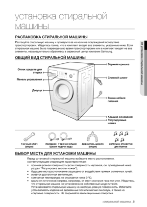 Page 5
установка стиральной машины _5

установка стиральной 
машины
РАСПАКОВКА  СТИРАЛЬНОЙ МАШИНЫ
Распакуйте стиральную машину и проверьте ее на наличие повреждений вследствие 
транспортировки. Убедитесь также, что в комплект входят все элементы, указанные ниже. Если 
стиральная машина была повреждена во время транспортировки или в комплект входят не все 
элементы, незамедлительно обратитесь в сервисный центр компании Samsung.
ОБЩИЙ ВИД СТИРАЛЬНОЙ МАШИНЫ
Гаечный ключ (опция)Холодная   Горячая (опция)Шланг...