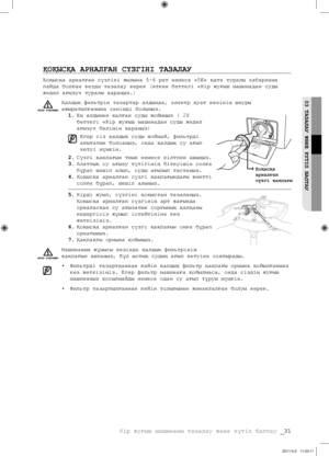 Page 111
Кір жуғыш машинаны тазалау жəне күтіп баптау _31

03 
ТАЗАЛАУ ЖƏНЕ КҮТІП БАПТАУ

ҚОҚЫСҚА АРНАЛҒАН СҮЗГІНІ ТАЗАЛАУ
Қоқысқа арналған сүзгіні жылына 5-6 рет немесе «5Е» қате туралы хабарлама 
пайда болған кезде тазалау керек (өткен беттегі «Кір жуғыш машинадан суды 
жедел ағызу» туралы қараңыз.)
Қалдық фильтрін тазартар алдында, электр қуат көзінің шнуры 
ажыратылғанына сенімді болыңыз. 
1. Ең алдымен қалған суды жойыңыз ( 29 
беттегі «Кір жуғыш машинадан суды жедел 
ағызу» бөлімін қараңыз)
Егер сіз қалдық...