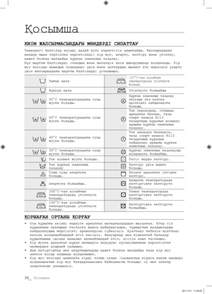 Page 116
36_ Қосымша

Қосымша
КИІМ ЖАПСЫРМАСЫНДАҒЫ МƏНДЕРДІ СИПАТТАУ
Төмендегі белгілер киімді қалай күту керектігін анықтайды. Жапсырмадағы 
мəндер мына тəртіппен көрсетіледі: кір жуу, ағарту, кептіру жəне үтіктеу, 
қажет болған жағдайда құрғақ химиялық тазалау. 
Бұл шартты белгілерді отандық жəне шетелдік киім шығарушылар қолданады. Кір 
жуу кезінде қиындық туындамау үшін жəне заттардың қызмет ету мерзімін ұзарту 
үшін жапсырмадағы шартты белгілерді ұстаныңыз.
Тығыз мата 100°С-тан аспайтын 
температурада...