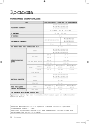 Page 118
Қалыпты жағдайларда өзінің арналуы бойынша қолдануға арналған. 
Ұсынылатын кезеңі: 7 жыл
Өндіруші құрылғының сыртқы түрі мен техникалық сипатын алдын ала 
хабарламастан өзгертуге құқылы.
38_ Қосымша
Қосымша
ТЕХНИКАЛЫҚ СИПАТТАМАЛАРЫ
Түрі КІРДІ ФРОНТАЛЬДІ САЛУЫ БАР КІР ЖУҒЫШ МАШИНА
ГАБАРИТТІ МӨЛШЕРІ
WF8592/WF8590/WF8598WF1592/WF1590/WF1598WF9592/WF9590/WF9598
Ш 600 мм X Г 450 мм X В 850 мм 
СУ ҚЫСЫМЫ50 кПа – 800 кПа
СУ КӨЛЕМІ48 л
ҚАПТАМАСЫЗ...