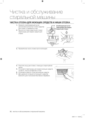 Page 3030_ чистка и обслуживание стиральной машины
ЧИСТКА ОТСЕКА ДЛЯ МОЮЩИХ СРЕДСТВ И НИШИ ОТСЕКА
1. Нажмите освобождающий рычаг, 
расположенный внутри отсека средства 
для стирки, и извлеките отсек.
2.  Выньте из отсека средств для стирки 
перегородку для жидких средств для 
стирки.
3.  Промойте все части отсека проточной водой.
4.  Очистите нишу для отсека с помощью старой зубной 
щетки.
5.  Установите перегородку для жидких моющих средств 
на место, плотно вставив ее в отсек.
6.  Установите обратно отсек для...