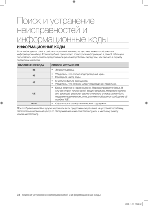 Page 3434_ поиск и устранение неисправностей и информационные коды
ИНФОРМАЦИОННЫЕ КОДЫ
Если наблюдается сбой в работе стиральной машины, на дисплее может отображаться 
информационный код. Если подобное происходит, посмотрите информацию в данной таблице и 
попытайтесь использовать предложенное решение проблемы перед тем, как звонить в службу 
поддержки клиентов.
ОБОЗНАЧЕНИЕ КОДА СПОСОБ УСТРАНЕНИЯ
dE• Закройте дверцу.
4E• Убедитесь, что открыт водопроводный кран. 
•  Проверьте напор воды.
5E• Очистите фильтр для...