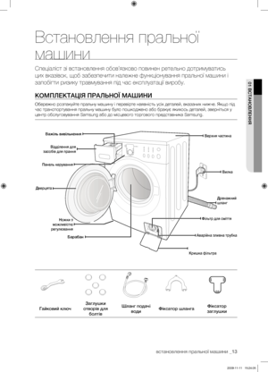 Page 53
встановлення пральної машини _13

01 ВСТАНОВЛЕННЯ
Встановлення пральної 
машини
Спеціаліст зі встановлення обов’язково повинен ретельно дотримуватись 
цих вказівок, щоб забезпечити належне функціонування пральної машини і 
запобігти ризику травмування під час експлуатації виробу.
КОМПЛЕКТАЦІЯ ПРАЛЬНОЇ МАШИНИ
Обережно розпакуйте пральну машину і перевірте наявність усіх деталей, вказаних нижче. Якщо під 
час транспортування пральну машину було пошкоджено або бракує якихось деталей, зверніться у 
центр...