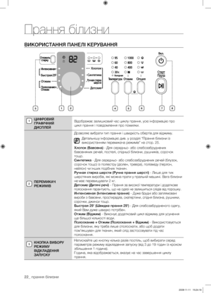 Page 62
22_ прання білизни

ВИКОРИСТАННЯ ПАНЕЛІ КЕРУВАННЯ
ЦИФРОВИЙ 
ГРАФІЧНИЙ 
ДИСПЛЕЙ
Відображає залишковий час циклу прання, усю інформацію про 
цикл прання і повідомлення про помилки.
ПЕРЕМИКАЧ 
РЕЖИМІВ
Дозволяє вибрати тип прання і швидкість обертів для віджиму.
Детальнішу інформацію див. у розділі “Прання білизни із 
використанням перемикача режимів” на стор. 25.
Хлопок (Бавовна) - Для середньо- або слабозабруднених 
бавовняних речей, постелі, спідньої білизни, рушників, сорочок 
тощо.
Синтетика - Для...