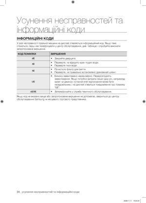 Page 74
34_ усунення несправностей та інформаційні коди

ІНФОРМАЦІЙНІ КОДИ
У разі несправності пральної машини на дисплеї з’являється інформаційний код. Якщо таке 
станеться, перш ніж телефонувати у центр обслуговування, див. таблицю і спробуйте виконати 
запропоноване вирішення.
КОД ПОМИЛКИВИРІШЕННЯ
dE• Закрийте дверцята.
4E• Перевірте, чи відкрито кран подачі води.
• Перевірте тиск води.
5E• Почистьте фільтр для сміття.
• Перевірте, чи правильно встановлено дренажний шланг.
UE
• Білизну завантажено...