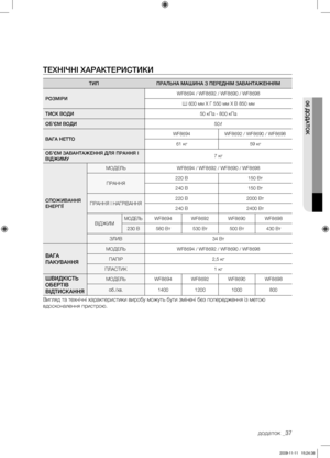 Page 77
додаток _37

06 ДОДАТОК

ТЕХНІЧНІ ХАРАКТЕРИСТИКИ
ТИППРАЛЬНА МАШИНА З ПЕРЕДНІМ ЗАВАНТАЖЕННЯМ
РОЗМІРИWF8694 / WF8692 / WF8690 / WF8698
Ш 600 мм X Г 550 мм X В 850 мм 
ТИСК ВОДИ50 кПа - 800 кПа
ОБ’ЄМ ВОДИ50ℓ
ВАГА НЕТТОWF8694WF8692 / WF8690 / WF8698
61 кг59 кг
ОБ’ЄМ ЗАВАНТАЖЕННЯ ДЛЯ ПРАННЯ І ВІДЖИМУ7 кг
СПОЖИВАННЯ ЕНЕРГІЇ
МОДЕЛЬWF8694 / WF8692 / WF8690 / WF8698
ПРАННЯ220 В150 Вт
240 В150 Вт
ПРАННЯ І НАГРІВАННЯ220 В2000 Вт
240 В2400 Вт
ВІДЖИММОДЕЛЬWF8694WF8692WF8690WF8698
230 В580 Вт530 Вт500 Вт430 Вт
ЗЛИВ34...