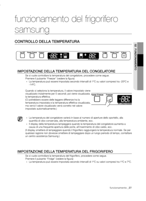 Page 27funzionamento _27funzionamento _27
02  FUNzIONAMENTO
funzionamento del frigorifero 
samsung
CONTROLLO DELLA TEMPERATURA
IMPOSTAzIONE DELLA TEMPERATURA DEL CONGELATORE
Se si vuole controllare la temperatura del congelatore, procedere come segue.
Premere il pulsante “Freezer” (vedere la figura)-	 La temperatura può essere impostata secondo intervalli di 1ºC su valori compresi tra -25ºC e 
-14ºC.
Quando si seleziona la temperatura, il valore impostato viene 
visualizzato inizialmente per 5 secondi; poi...