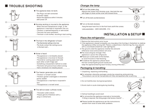 Page 6TROUBLE SHOOTING- The Plug is not well connected.
- No power supply.
- Resart the appliance within 5 minutes
  after power-off.The appliance does not work.Nonstop working is incurred to the appliance.- When the room temperature is high, or the 
  appliance is near heat or exposed in the sun.
- The door is opened frequently or well closed.
- The room has poor ventilation.
- The food is over stuffed, resulting in bad cooling.
- 
- The foods contact the cooling source
   in the back wall. The thermostat...