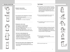 Page 53Refrigerator stops working10TROUBLE SHOOTING-The plug is connected improperlyThe foodstuff of the refrigerator is frosted-
-
-Temperature setting is too low.
The food stored is in contact with the cold source 
  of the back wall.
The refrigerator is in the state of deepfreeze.-
---
-
-The inner items are not evenly placed. 
The refrigerator is installed unevenly.
The unit is located too close to wall.
The external refrigerating pipe is in collision with 
  each other or with the unit wall. 
There are...