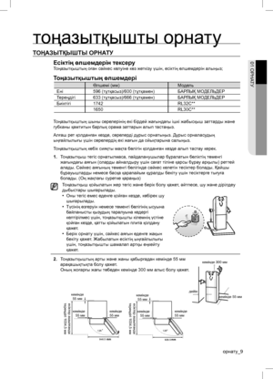 Page 9орнату_9 01 ОРНАТУтоңазытқышты орнатуТОҢАЗЫТҚЫШТЫ ОРНАТУ
Есіктің өлшемдерін тексеруТоңазытқыштың оған сəйкес келуіне көз жеткізу үшін, есіктің өлшемдерін алыңыз;Тоңазытқыштың өлшемдеріӨлшемі (мм) Модель
Ені 596 (тұтқасыз)/600 (тұтқамен) БАРЛЫҚ МОДЕЛЬДЕР
Тереңдігі 633 (тұтқасыз)/666 (тұтқамен) БАРЛЫҚ МОДЕЛЬДЕР
Биіктігі1742 RL32C**
1650 RL30C**
Тоңазытқыштың шыны сөрелерінің екі бірдей жағындағы ішкі жабысқыш заттарды жəне 
губканы қамтитын барлық орама заттарын алып тастаңыз.
Алғаш рет қолданған кезде,...