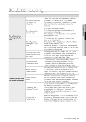 Page 17
troubleshooting _17

02 oPERating

troubleshooting
no refrigeration, 
not very cold, too 
cold 
The refrigerator does 
not work or nor 
refrigerate
- 	Check that the power plug is properly connected.
- 	No power, and there is failure to the socket.
- 	The power is reconnected in less than 5 minutes
						after the refrigerator is shut down during the 
      operation.
The refrigerator is 
not very cold
- 	The door is not closed properly.
- 	The refrigerator has heat sources beside or is 
						exposed...