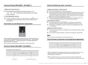 Page 98Control Panel (RL34EG*, RL34EC*)First Power-on and Temperature AdjustmentWhen the appliance is connected with the power for the first time , all the displays will be on
for 2 seconds. The refrigerator temperature will be automatically set at 3 while the freezer
temperature will be set at -20. The door opening alarm is on while the refrigerator and 
freezer temperatures are displayed.You may set the inside temperatures according to your actual requirements.8.  Door Open Alarm function8-1.In the Door Open...