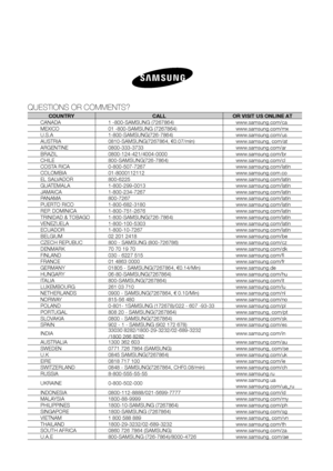 Page 28QUESTIONS OR COMMENTS?COUNTRYCALLOR VISIT US ONLINE AT
CANADA1 -800-SAMSUNG (7267864)www.samsung.com/ca
MEXICO01 -800-SAMSUNG (7267864)www.samsung.com/mx
U.S.A1-800-SAMSUNG(726-7864)www.samsung.com/us
AUSTRIA0810-SAMSUNG(7267864, €0.07/min)www.samsung, com/at
ARGENTINE0800-333-3733www.samsung.com/ar
BRAZIL0800-124-421/4004-0000www.samsung.com/br
CHILE800-SAMSUNG(726-7864)www.samsung.com/cl
COSTA RICA0-800-507-7267www.samsung.com/latin
COLOMBIA01-8000112112www.samsung.com.co
EL...