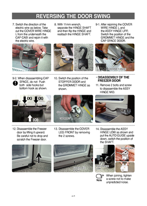 Page 1616
‑  
DISASSEMBLY OF THE 
FREEZER DOOR
REVERSING THE DOOR SWING
SHAFT
GROMMET HINGE
8.   
With 11mm wrench, 
separate the HINGE SHAFT 
and then flip the HINGE and 
reattach the HINGE SHAFT.    9-1. 
  After rejoining the COVER 
WIRE HINGE L and 
the ASSY HINGE UPP, 
Switch the position of the    
GROMMET HINGE and the 
CAP SPACE DOOR.             
9-2.   
When disassembling CAP 
SPACE, do not  Push 
both  side hooks but 
bottom hook as shown.
10.    Switch the position of the 
STOPPER DOOR and 
the...