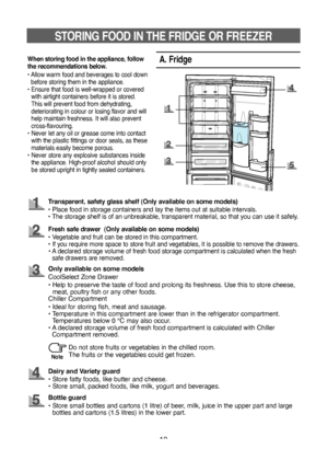 Page 1010
STORING FOOD IN THE FRIDGE OR FREEZER
A. Fridge
Transparent, safety glass shelf (Only available on some models)
•   Place food in storage containers and lay the items out at suitable intervals.
•   
The storage shelf is of an unbreakable, transparent material, so that you can use it safely.
Fresh safe drawer  (Only available on some models)
• Vegetable and fruit can be stored in this compartment.
•    If you require more space to store fruit and vegetables, it is possible to remove the drawers.
• A...