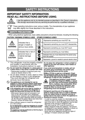 Page 22
These operating instructions cover various models. The characteristics of your appliance 
may differ slightly from those described in this instructions.
SAFETY INSTRUCTIONS
CAUTION / WARNING SYMBOLS USEDOTHER SYMBOLS USED
Indicates that a 
danger of death or 
serious injury exists.
Indicates that a risk of 
personal injury or 
material damage 
exists.
W
ARNING
CAUTION
• When using electrical appliances, basic safety precautions should be followed, including the following:
This appliance contains a...