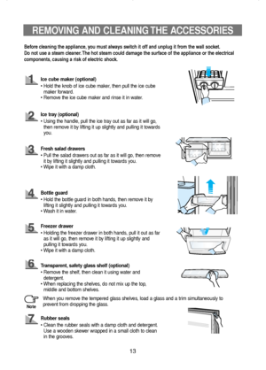 Page 1413
REMOVING AND CLEANING THE ACCESSORIES
Ice cube maker (optional)
• Hold the knob of ice cube maker, then pull the ice cube
maker forward.
• Remove the ice cube maker and rinse it in water.
Ice tray (optional)
• Using the handle, pull the ice tray out as far as it will go,
then remove it by lifting it up slightly and pulling it towards
you.
Fresh salad drawers
• Pull the salad drawers out as far as it will go, then remove
it by lifting it slightly and pulling it towards you.
• Wipe it with a damp...