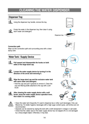 Page 1514
CLEANING THE WATER  DISPENSER
Connection path
Wipe out the connection path and surrounding area with a clean
damp cloth.
Dispenser Tray
Using the dispenser tray handle, remove the tray.
Empty the water in the dispenser tray, then clean it using
warm water and detergent.
Dispenser tray
Water Tank / Supply Device
Pull upward and disassemble the hooks on both
sides of the large-sized cap.
Loosen the water supply device by turning it in the
direction of the arrow and removing it.
Wipe the large-sized cap...