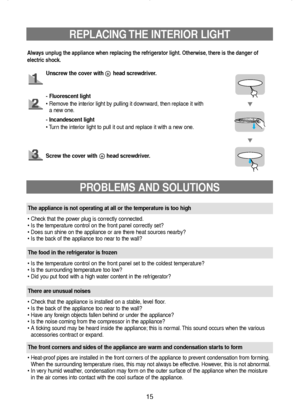 Page 16Unscrew the cover with      head screwdriver.
15
REPLACING THE INTERIOR LIGHT
Always unplug the appliance when replacing the refrigerator light. Otherwise, there is the danger of
electric shock.
+
• Check that the power plug is correctly connected.
• Is the temperature control on the front panel correctly set?
• Does sun shine on the appliance or are there heat sources nearby?
• Is the back of the appliance too near to the wall?
The appliance is not operating at all or the temperature is too high
• Is...