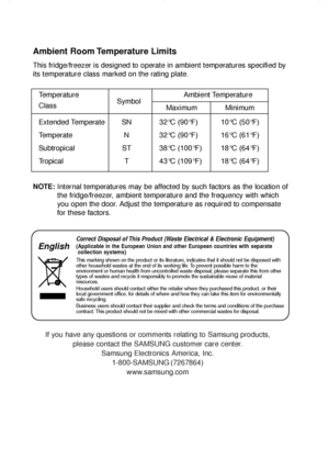 Page 19Ambient Room Temperature Limits
This fridge/freezer is designed to operate in ambient temperatures specified by
its temperature class marked on the rating plate.
NOTE:Internal temperatures may be affected by such factors as the location of
the fridge/freezer, ambient temperature and the frequency with which
you open the door. Adjust the temperature as required to compensate
for these factors.
Temperature
SymbolAmbient Temperature
Class Maximum   Minimum
Extended Temperate SN 32 °C (90 °F) 10 °C (50 °F)...