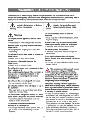 Page 32
WARNINGS / SAFETY PRECAUTIONS
Warning
To avoid any risk of personal injury, material damage or incorrect use of the appliance, be sure to
observe the following safety precautions. (After reading these owner’s instructions, please keep them in
a safe place for reference). Remember to hand them over to any subsequent owner.
Indicates that a danger of death or
serious injury exists.
Caution
Indicates that a risk of personal
injury or material damage exists.
Do not plug several appliances into the same...