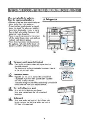 Page 98
STORING FOOD IN THE REFRIGERATOR OR FREEZER
When storing food in the appliance, 
follow the recommendations below. 
• Allow warm food and beverages to cool down
before storing them in the appliance.
•  Ensure that food is well-wrapped or covered
before it is stored. This will prevent food from 
dehydrating, deteriorating in colour or losing
flavor and will help maintain freshness. It will
also prevent cross-flavouring.
•  Never let any oil or grease come into contact
with the plastic fittings or door...