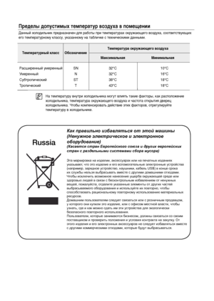 Page 27Температурный класс ОбозначениеТемпература окружающего воздуха
Максимальная Минимальная Расширенный умеренный
Умеренный
Субтропический
ТропическийSN
N
ST
T32°С
32°С
38°С
43°С10°С
16°С
18°С
18°СПределы допустимых температур воздуха в помещенииНа температуру внутри холодильника могут влиять такие факторы, как расположениехолодильника, температура окружающего воздуха и частота открытия дверецхолодильника. Чтобы компенсировать действие этих факторов, отрегулируйте температуру в холодильнике.Данный...