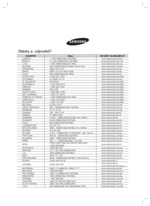 Page 29Otázky a  odpovědi?COUNTRYCALLOR VISIT US ONLINE AT
CANADA1 -800-SAMSUNG (7267864)www.samsung.com/ca
MEXICO01 -800-SAMSUNG (7267864)www.samsung.com/mx
U.S.A1-800-SAMSUNG(726-7864)www.samsung.com/us
AUSTRIA0810-SAMSUNG(7267864, €0.07/min)www.samsung, com/at
ARGENTINE0800-333-3733www.samsung.com/ar
BRAZIL0800-124-421/4004-0000www.samsung.com/br
CHILE800-SAMSUNG(726-7864)www.samsung.com/cl
COSTA RICA0-800-507-7267www.samsung.com/latin
COLOMBIA01-8000112112www.samsung.com.co
EL...