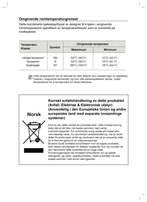 Page 26Omgivende romtemperaturgrenser
Dette kombinerte kjøleskap/fryser er designet til å kjøre i omgivende 
romtemperaturer spesiﬁ sert av temperaturklassen som er avmerket på 
merkeplaten.
Temperatur 
KlasseSymbolOmgivende temperatur
Maksimum Minimum
  Utvidet temperert  SN  32°C (90 F)  10°C (50 F)
  Temperert  N  32°C (90 F)  16°C (61 F)
  Subtropisk  ST  38°C (100 F)  18°C (64 F)
Indre temperaturer kan bli påvirket av slike faktorer som plasseringen av kjøleskap/
fryseren, omgivende temperatur og hvor ofte...